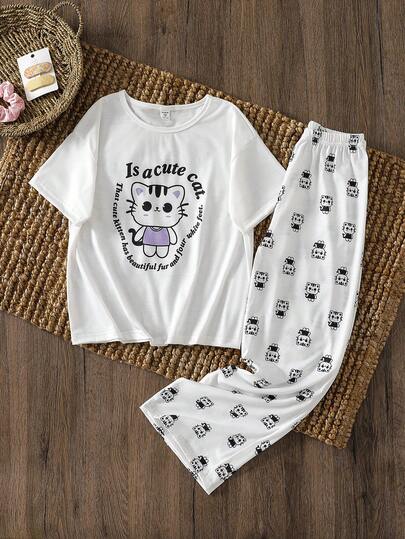 Set de 2 piezas de pijama de manga corta y pantalones blancos minimalista para niñas, cómodo