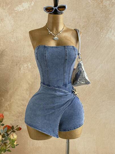Soleia Spring/Summer New Casual Vacation Western Beach Wedding Guest Attire Graduation Brunch Women's Outfit St. Patrick's Day Spring Break Easter Music Festival Elegant Bohemian Tropical Elegant Denim Metal Decor Jumpsuit Strapless Backless Bodycon Ladies Romper