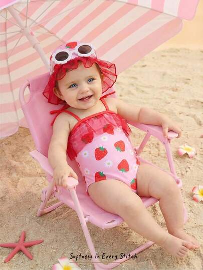 Cozy Pixies 2pcs/Set Newborn Baby Boy/Girl Strawberry Print Vacation Romper Swimsuit With Cute Sun Hat Set