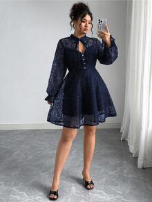 Elenzga Đầm ren dài tay thanh lịch dành cho nữ cỡ lớn, thích hợp cho tiệc tùng. - Màu xanh hải quân - Xem 7