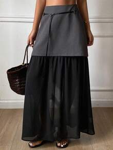 DAZY 撞色网纱腰带长款优雅半身裙，适合春秋季穿着 - 灰色 - 查看 3