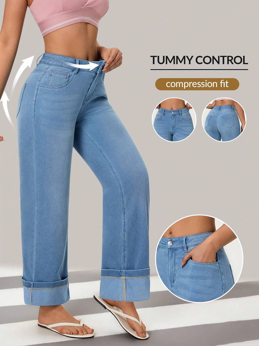 Flexra Jeans rectos y casuales de mujer con dobladillo a la altura del tobillo - Azul lavado medio - Ver 1