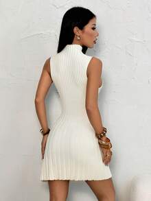 SHEIN PETITE Minimalist Stand Collar Sleeveless A-Line Mini Ribbed Knit Dress For Women,Fall - White - View 2