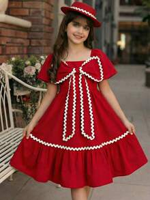 SHEIN Young Girl's Spring/Summer Ramandan Style Matching Family Vacation, Vintage Rose Ditsy Floral Mixed Print Cap Sleeve A-Line Dress, With Golden Woven, Matching Family Vacation Casual Short Sleeve National Ditsy Floral Print Dress, Mom And Daughter & Sisters Matching. - Multicolor - View 1