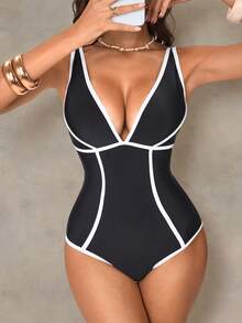 Shapewave 1pc Women's Black & White Striped Backless Tie-Up One-Piece Swimsuit - Black and White - View 8
