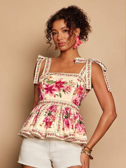 Travachic Parte superior de tirantes con estampado floral para mujer, conjunto casual de vacaciones, para verano, vacaciones de primavera, fiesta, playa, primavera, Día de San Valentín, Carnaval, elegante, floral, Carnaval, de primavera a verano, fiesta, parte superior de verano, parte superior del Día de San Valentín, parte superior para invitada de boda, parte superior de cumpleaños, parte superior de fiesta, parte superior elegante para mujer, parte superior floral, parte superior de verano, disfraz de Carnaval, parte superior de estilo mexicano bohemio para mujer