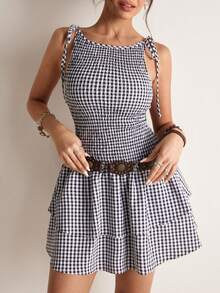 Freevana Women's Vacation Shirred Design Layered Ruffle Hem Plaid Sleeveless Dress - Black and White - View 5