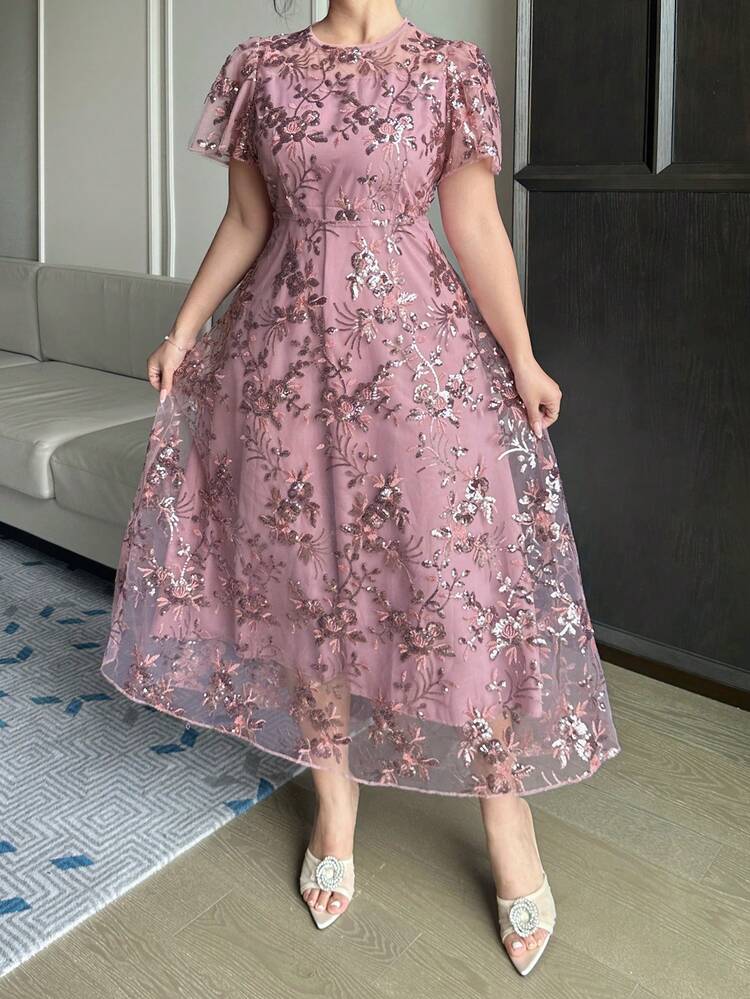 Dazy Plus Plus Size Purple Sequin Embroidered Round Neck Puff Sleeve Waist Slimming Elegant Long Party Dress For Women, Spring/Summer Sundress Floral Dresses For Women