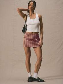 MUSERA Low Rise Striped Tailored Micro Mini Skirt Summer Cute Vacation Al Fresco Holiday  Party - Brown - View 2