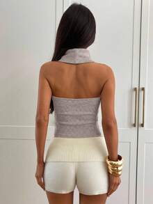 Aloruh Women's Early Summer Casual Top, Elegant High-Neck Retro Apricot-Grey Slim-Fit Sleeveless Pullover, Women's Holiday Outing Top, Women's Elegant Top, Casual Top, Women's Vacation Wear. Cropped Tank Top Gray Ribbed Top Grey Crop Top High Neck Top - Apricot - View 2