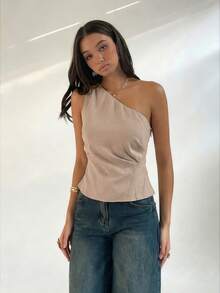 Aloruh Sleeveless Oblique Collar Side Ruched Commuter Chic Blouse For Women - Khaki - View 4