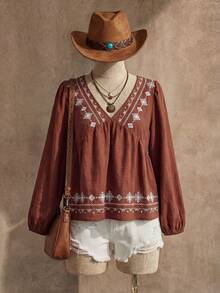 Wildy 波西米亚风女士休闲乡村西部复古刺绣长袖衬衫，日常百搭休闲衬衫，适合女性度假、夏季旅行、春假、春夏假期等各种场合。 - 摩卡棕 - 查看 2