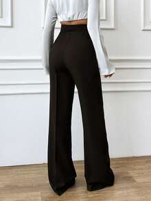 EURMUSE 大码女式休闲纯色高腰直筒裤 - 黑色 - 查看 2