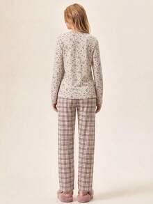 Women's Ditsy Floral Round Neck Long Sleeve Top And Plaid Pants Pajama Set - Multicolor - View 2