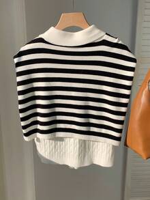 Muchica Women's Casual Everyday Sleeveless Cable Knit Top - Black and White - View 2