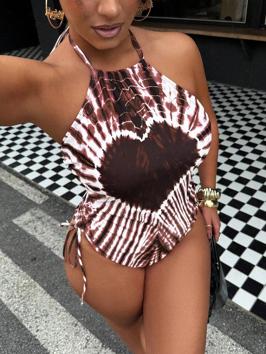 Vaytide Traje de baño de una pieza talla grande, diseño impreso minimalista casual para mujeres - Multicolor - Ver 1