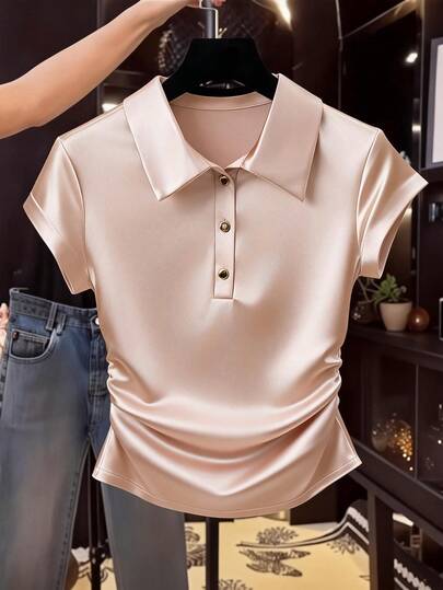 Franclia Women's Solid Color Polo Collar Short Sleeve Pleated Casual T-Shirt Tops For Women Elegant Women's Blouses Short Sleeve Polo Shirts For Women Satin Blouses For Women Polo Short Sleeve