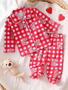 Newborn Baby Pajamas-2 Piece Pajama Set Bear Print Round Neck Long Sleeve Button Front Long Pants Cute Sleep Romper Toddler Girls Boys Loungewear Four Seasons Holiday 2026 Gift Soft Lightweight Pink Red Gingham Classic - Multicolor - View 6