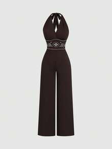 Sweetra Women's Bohemian Brown Embroidered Halter Neck Jumpsuit - Coffee Brown - View 1