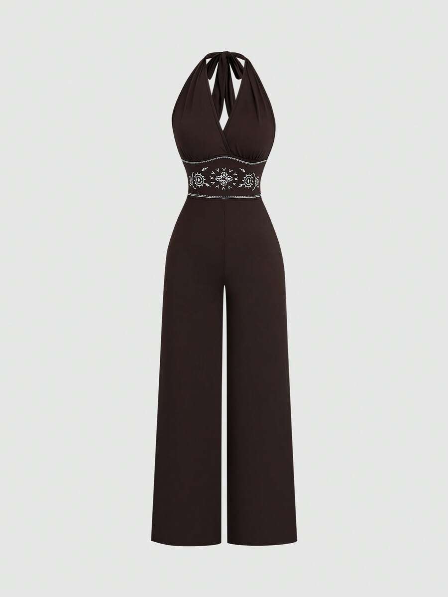 Sweetra Women's Bohemian Brown Embroidered Halter Neck Jumpsuit - Coffee Brown - View 1