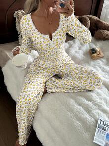 CottageSlumber Conjunto de pijama de manga larga con cuello cuadrado, encaje y estampado floral romántico con botones, estilo Cottage Slumber - Amarillo - Ver 4