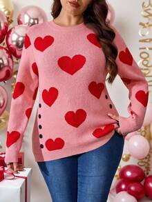 EMERY ROSE Plus Size Women Heart Pattern Button Decor Casual Pullover Sweater, Suitable For Autumn/Winter, Valentine's Day - Pink - View 5