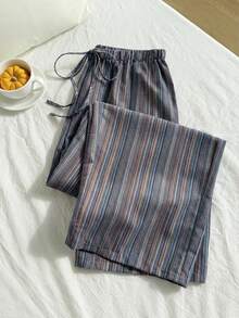 Comfortcana Linen Textured Striped Drawstring Waist Comfortable Casual Plus Size Pants - Navy Blue - View 4