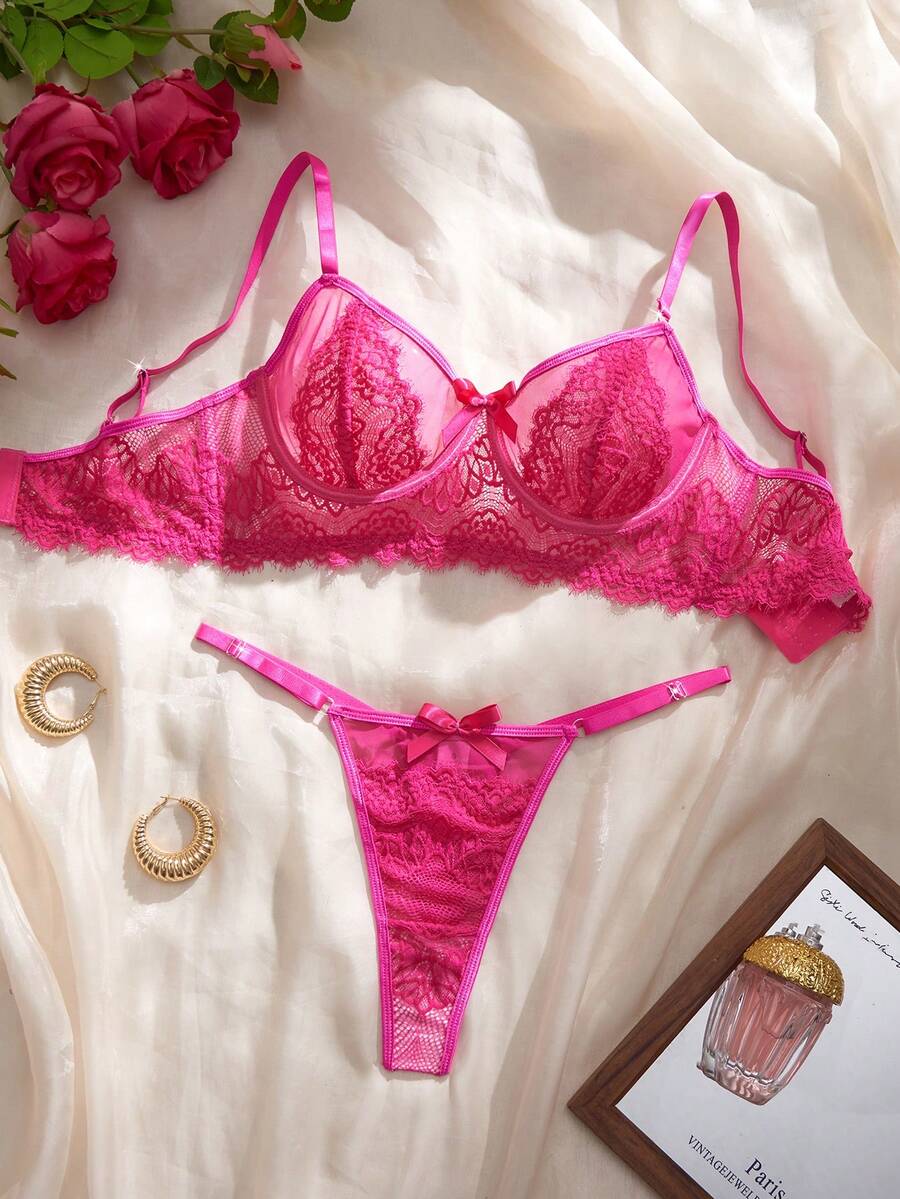 2pcs Set Magenta Lace Underwire Bra & Panty Set - Hot Pink - View 1