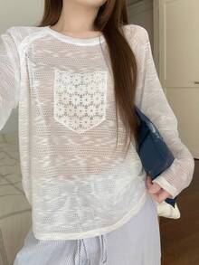 DAZY Lace Patchwork Raglan Sleeve Loose Long Sleeve Women Casual Top/Loungewear - White - View 7