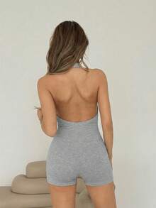 SHEIN ICON Bộ jumpsuit ôm sát cổ cao hở lưng màu đen dành cho nữ, kiểu dáng cơ bản thường ngày. - Màu Xám nhạt - Xem 2