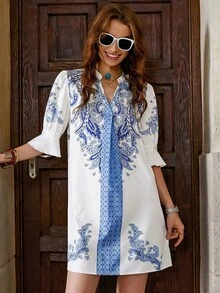 Solivie 女士中袖印花情人节春夏连衣裙，情人节套装 - 藍白色 - 查看 3