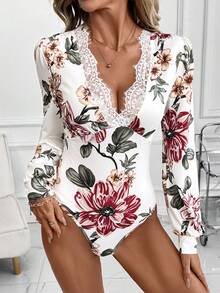 SHEIN Clasi 豹纹蕾丝V领女士长袖连体衣 - 彩色 - 查看 8