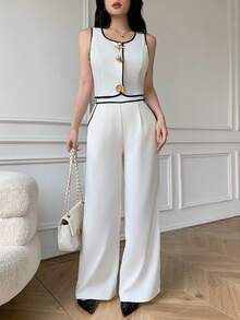 Celisse Women's Contrast Trim Round Neck Tank Top And Pants Elegant 2 Pieces Set - Beige - View 7