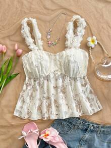 Soleia 女士夏季度假风提花薄纱花卉装饰吊带娃娃衫，适合夏季假期、海滩度假、休闲穿着，可爱夏季上衣 - 白色 - 查看 3
