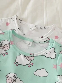 2pcs Young Girl Pajamas Set, Featuring Sheep & Moon Prints, Lightweight & Soft, Simple & Comfortable Design, Stretchy & Machine Washable (Sold Separately) - Multicolor - View 3