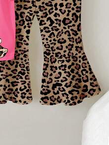 一套女婴可爱兔耳豹纹圆领短袖T恤和针织打底裤可爱套装，豹纹T恤套装，卡通兔子印花服装 - 彩色 - 查看 4