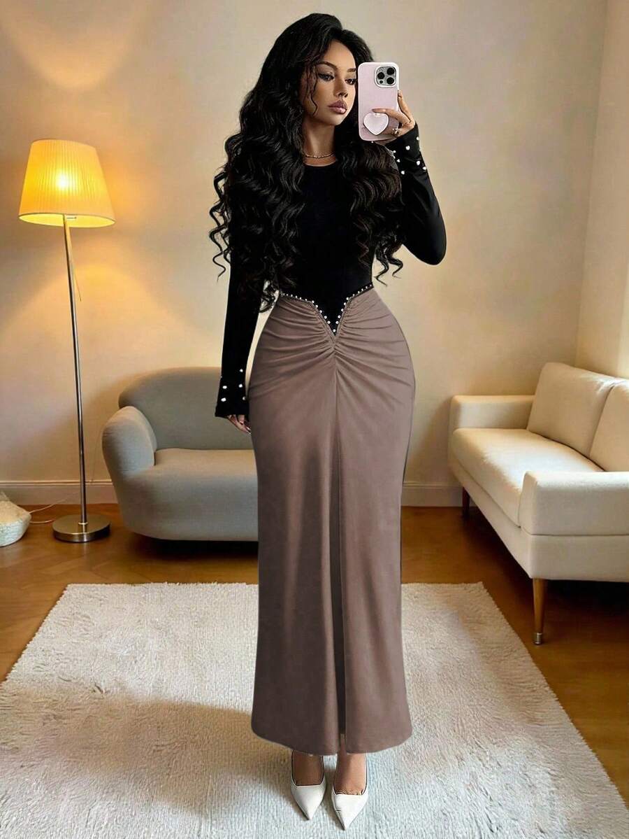 SHEIN Elenzya 女士优雅撞色串珠腰部长袖连衣裙，法式风格，显瘦，适合秋冬季穿着 - 棕色 - 查看 1