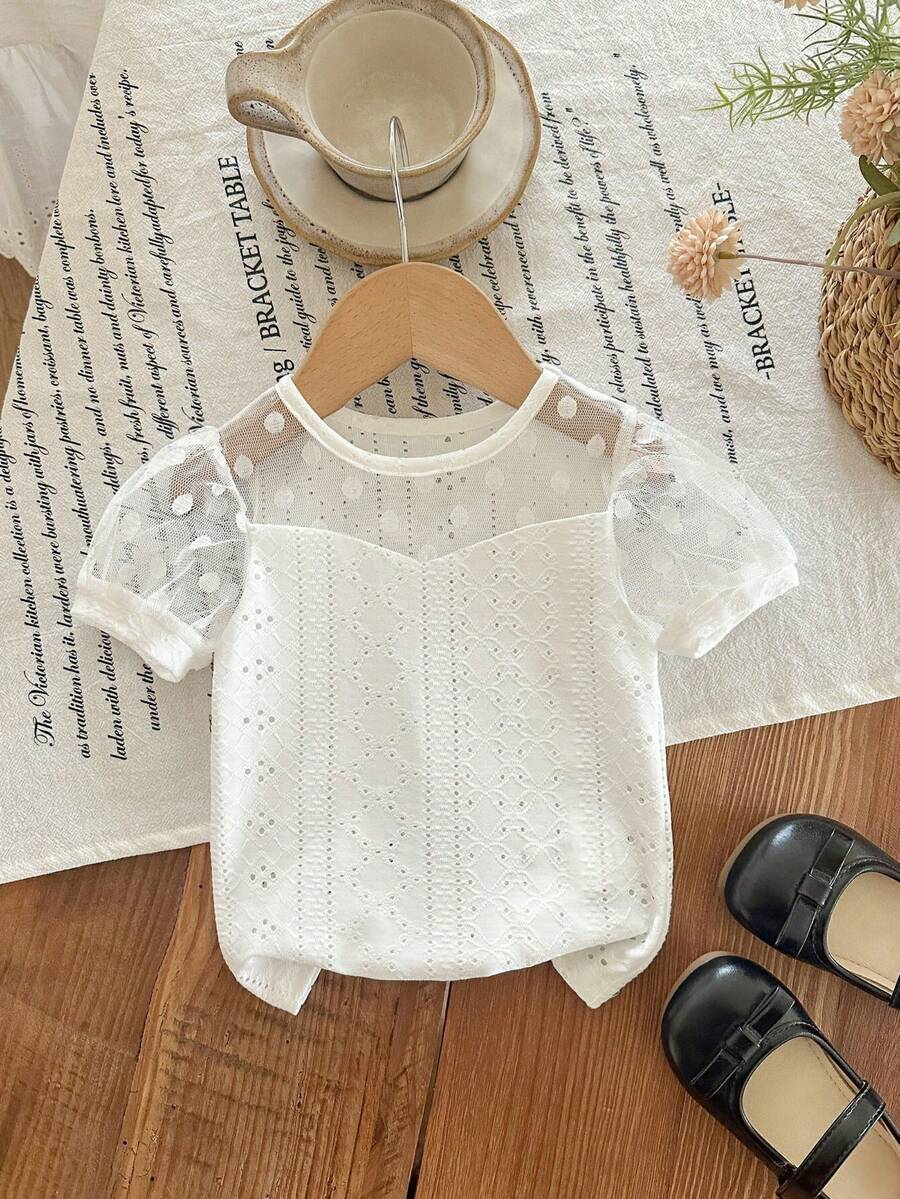 SHEIN LMoss Kids 女婴纯色圆领泡泡袖休闲T恤 - 白色 - 查看 1