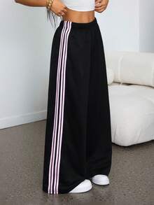 SHEIN PETITE 黑色针织阔腿裤，女士休闲运动裤，侧边饰有粉色条纹 - 黑色 - 查看 1