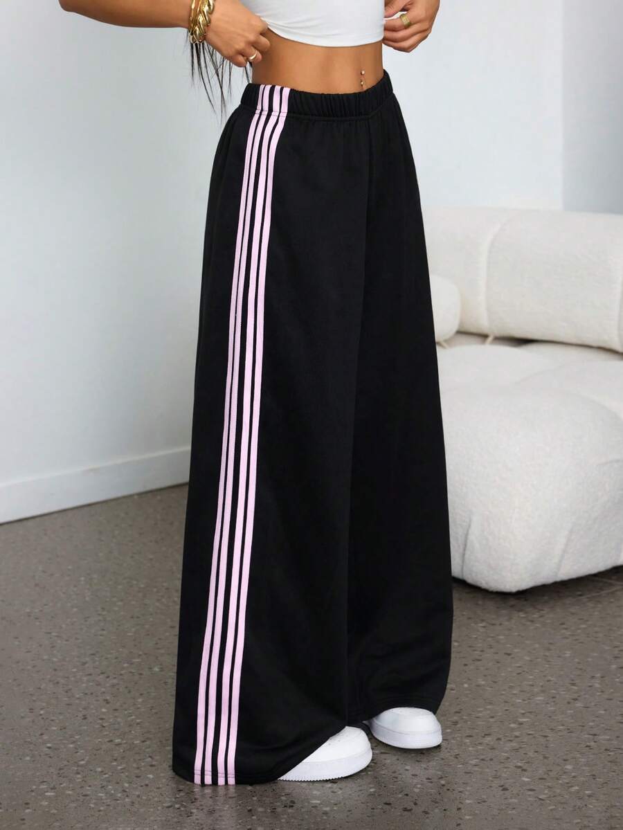 SHEIN PETITE 黑色针织阔腿裤，女士休闲运动裤，侧边饰有粉色条纹 - 黑色 - 查看 1