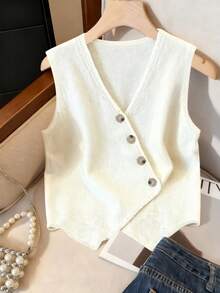 GlowEve Chaleco de punto sin mangas de cuello en V elegante para mujer, primavera/verano - Albaricoque - Ver 1