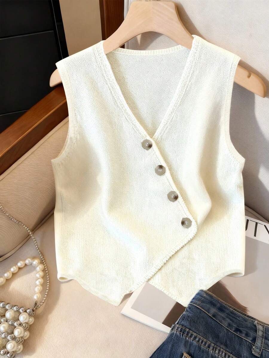 GlowEve Chaleco de punto sin mangas de cuello en V elegante para mujer, primavera/verano - Albaricoque - Ver 1