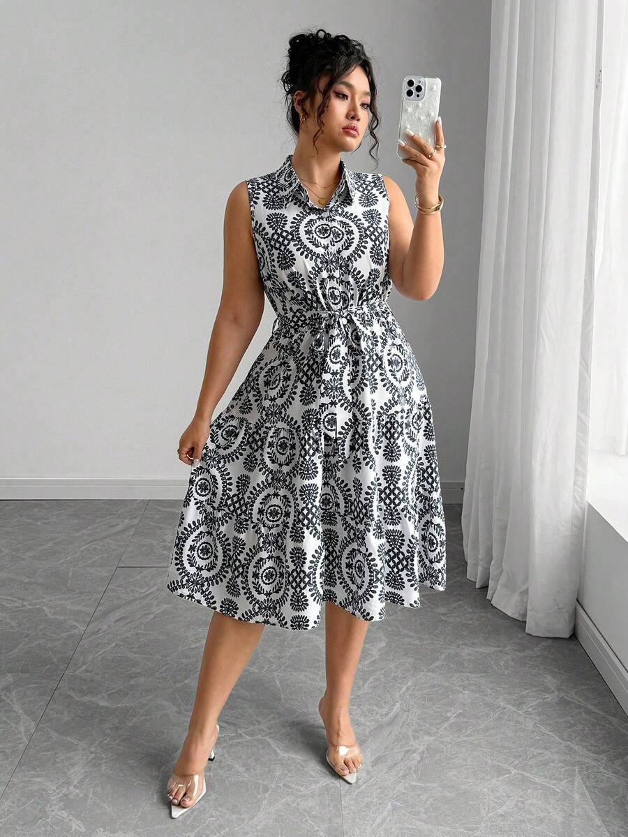 Elenzga 大码女式植物印花单排扣休闲无袖衬衫裙 - 彩色 - 查看 1