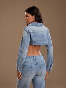 TRNVIE Women's Pocket Cropped Front Button Casual Long Sleeve Denim Jacket - Blue - View 2