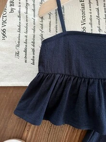 SHEIN 女宝宝休闲可爱度假藏蓝色蝴蝶结吊带背心和松紧腰裤套装 - 藏蓝色 - 查看 3