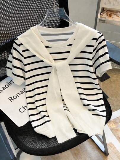 INAWLY 两件套女士春夏新款休闲条纹印花拼接罗纹T恤套装，法式休闲度假百搭黑白条纹T恤+围巾两件套上衣，适合日常、户外、通勤、休闲和度假穿着