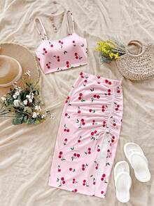 Soleia 女士夏季度假风樱桃印花吊带背心和抽绳褶皱高开衩裙两件套 - 粉色 - 查看 6