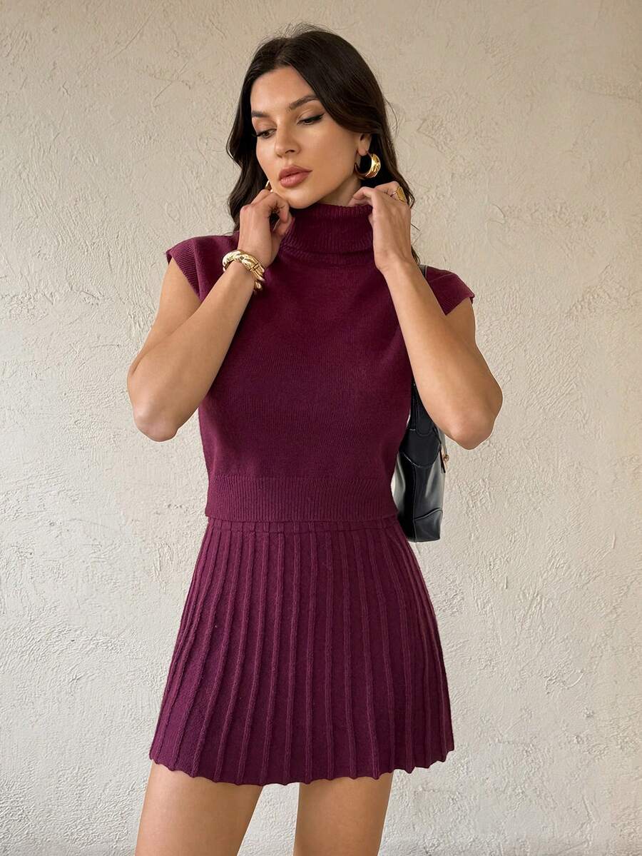 SHEIN Tall Autumn/Winter New High Collar Knit Top + Knitted Blend Midi Skirt 2 Pieces Set For Women Christmas Red Burgundy - Red - View 1