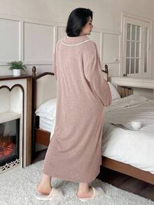 Dazy Plus Plus Size Women Peter Pan Collar Contrast Lace Half Open Front Loose Long Casual Nightgown, Spring/Autumn - Pink - View 2