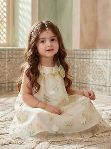 SHEIN Vintaside Kids 女婴无袖刺绣花卉连衣裙，甜美风格，优雅公主造型，适合节日和聚会 - 金色 - 查看 5